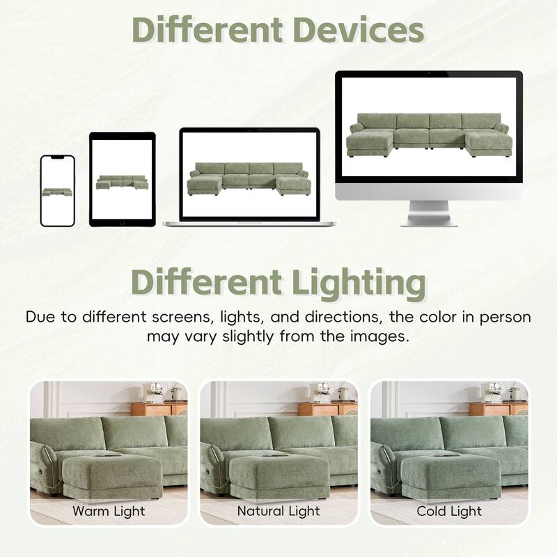Modular Sectional Sofa Set with Petal Armrest Design External USB and Type-C Charger, Movable Ottoman, Chenille