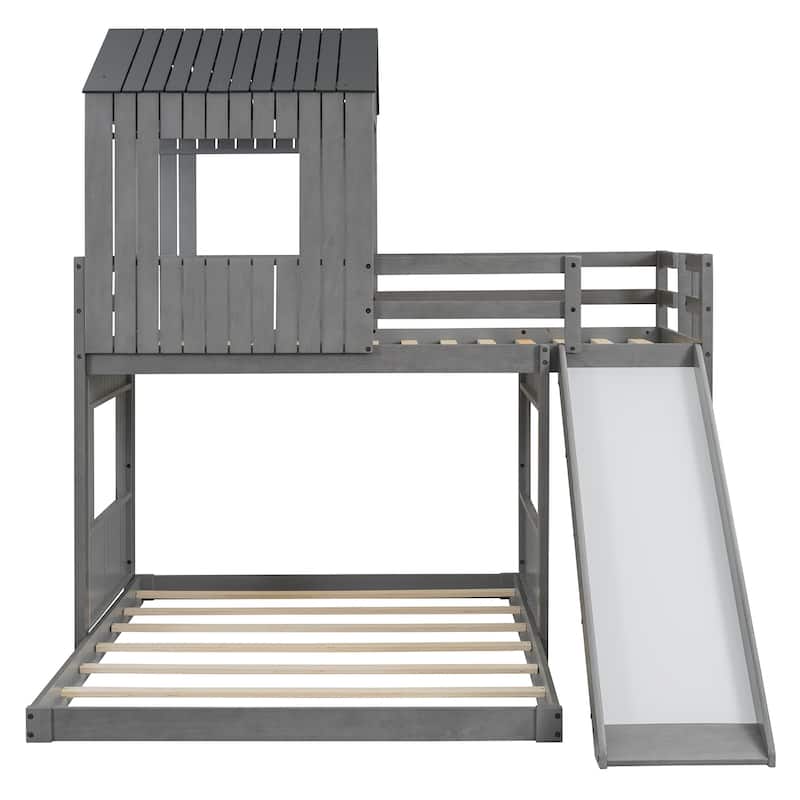 Playhouse Twin Over Full Bunk Bed with Windows and Slide, Solid Pine Wood Frame