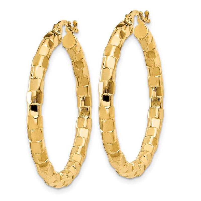 Curata 14k Yellow Gold Textured Mirror 33x2mm Hoop Earrings
