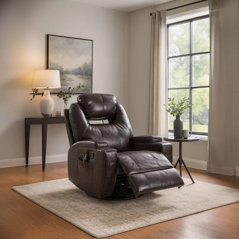 Contemporary Polyurethane Upholstered Metal Rocker Recliner with Swivel, Brown
