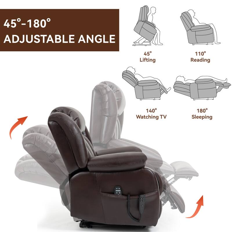 Brown Medium Electric Power Lift Recliner Chair in Genuine Leather with Dual Motors, 8-Point Massage, and Lumbar Heat