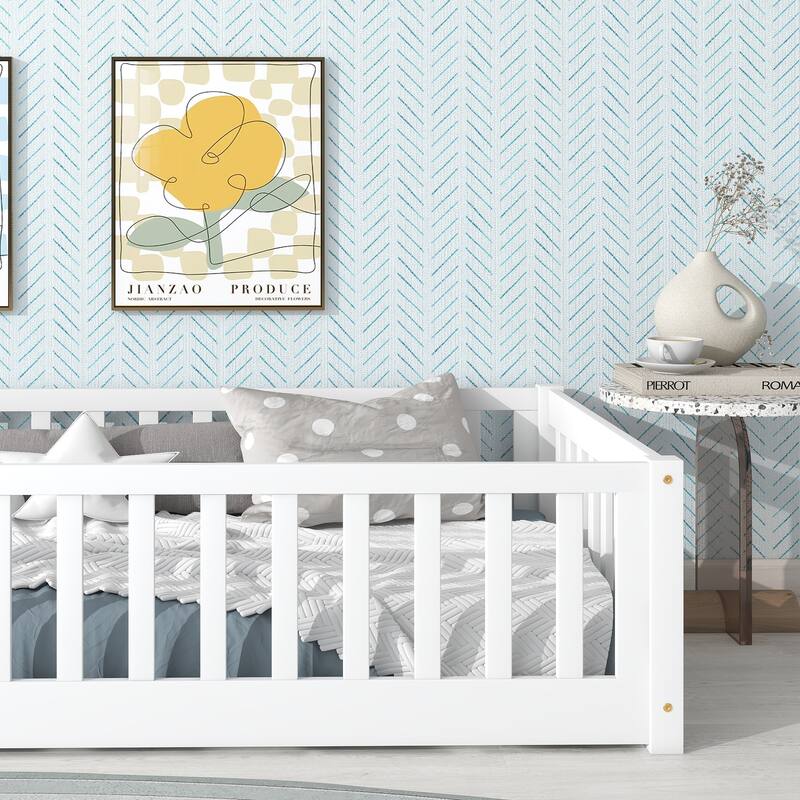 Twin Size Floor Bed with Fence without Door, Rubber Wood Floor Bed with Safety Guardrails