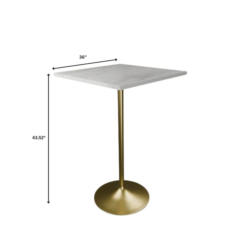 LeisureMod Verve Square Bar Dining Table with White Resin TableTop and Gold Steel Base for Kitchen & Dining Room