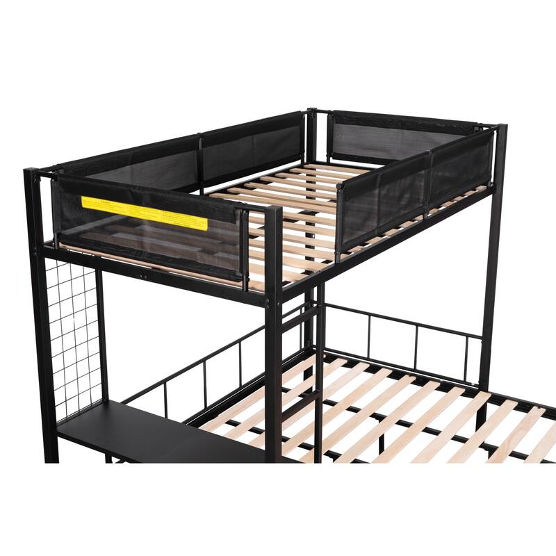 Sturdy Metal Twin Over Full Bunk Bed with Textilene Guardrails & Storage Shelves