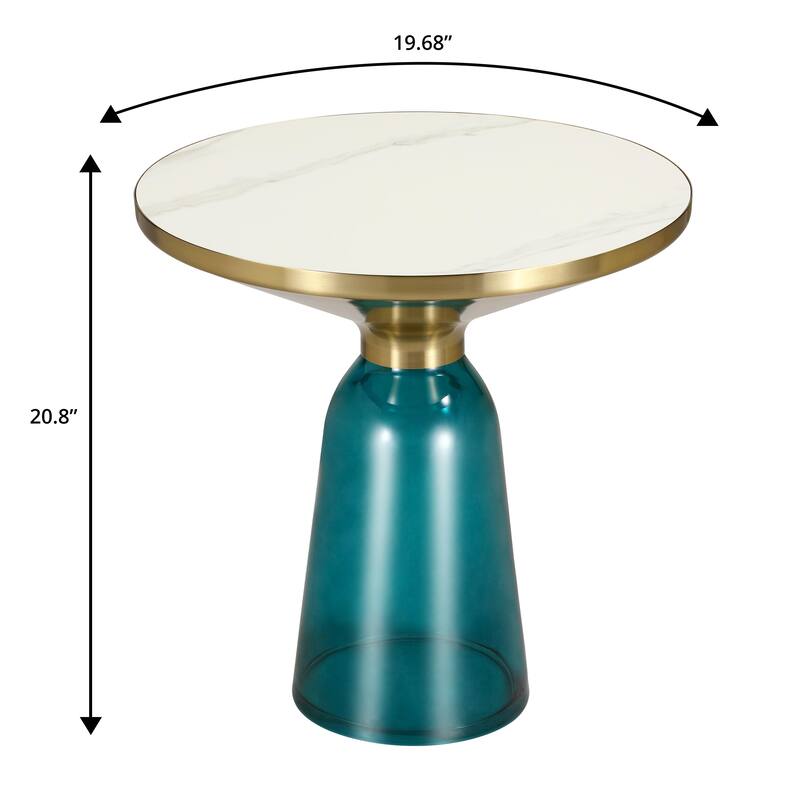 19-Inch Side Table Round Glass/Stone Tabletop End Table with Gold Iron Rim and Glass Base