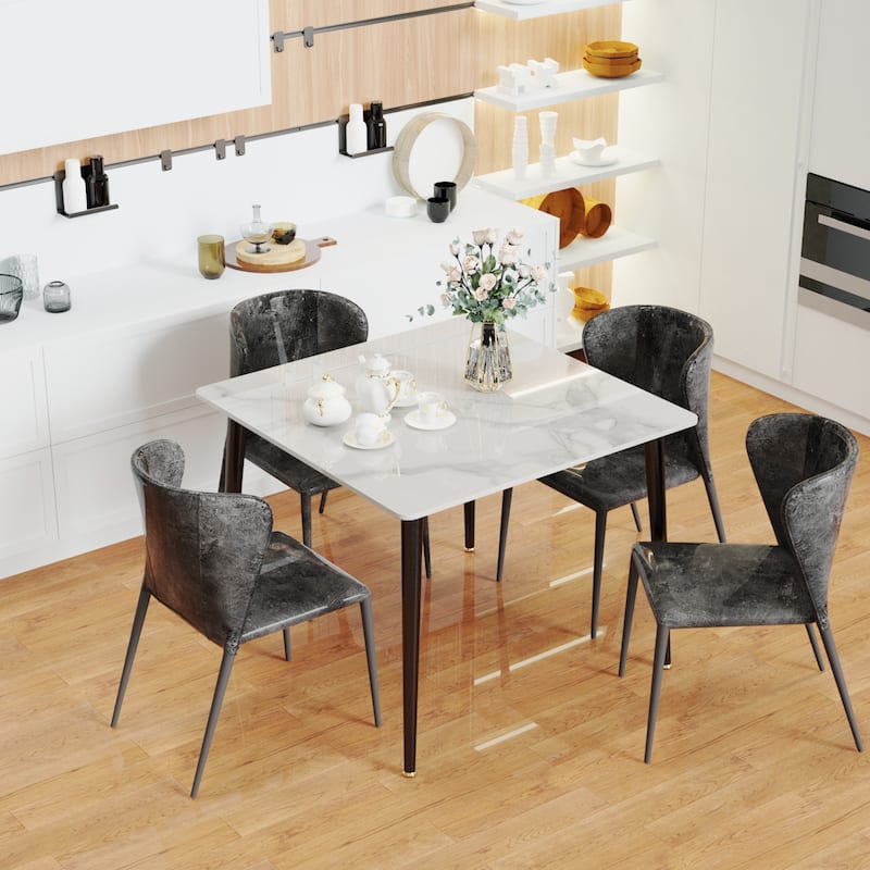 Modern Sintered Stone Marble Effect Table Top Kitchen Dining Table Square 4-Seat - High Gloss White