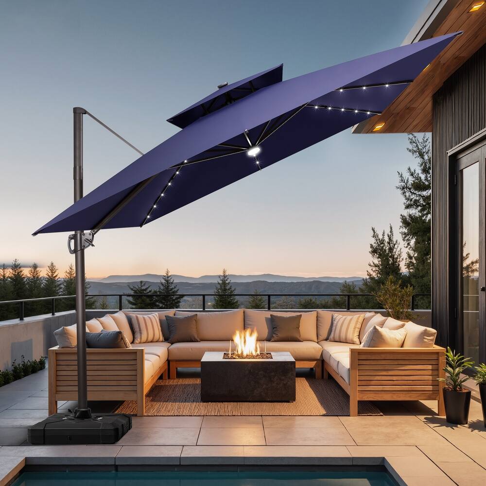 11 FT Square Outdoor Patio Cantilever Umbrella with Solar Lights Wheeled Base Double Canopy 360 Rotation Tilt