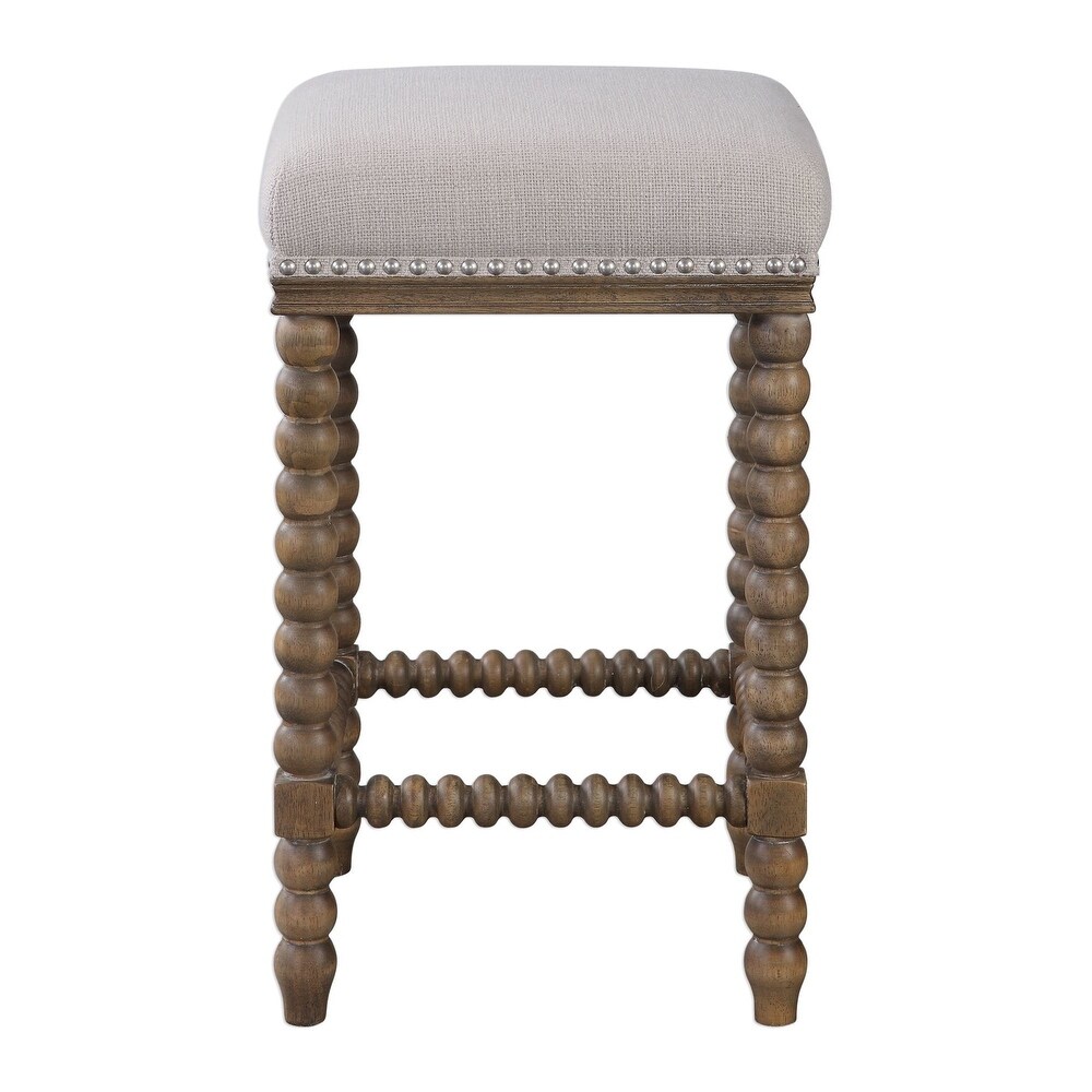 Uttermost 23495 Pryce 15 inch Wide Wooden Upholstered Counter Stool with Nailhead Trim and Spindled Legs - Soft Ivory (Soft Ivory)