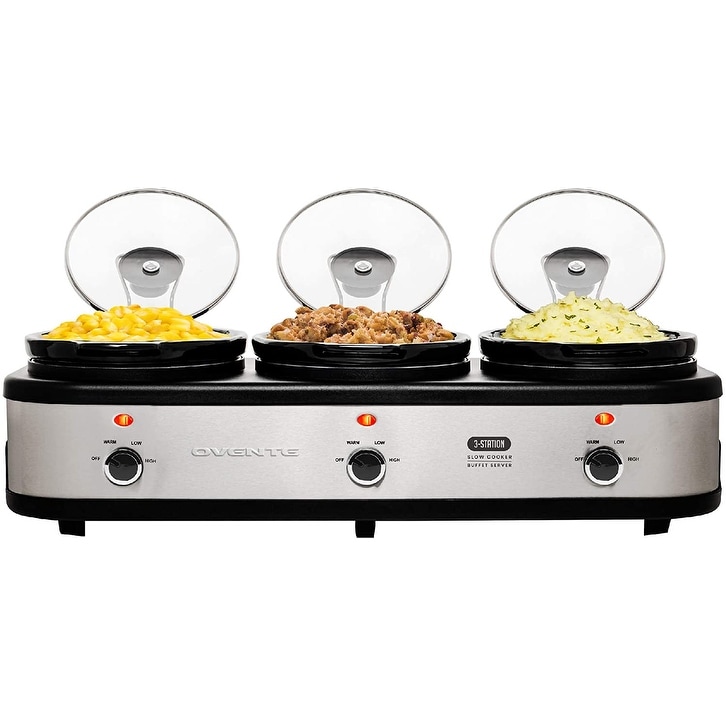 Ovente Stainless Steel Triple Slow Cooker Buffet Server, 3 Section