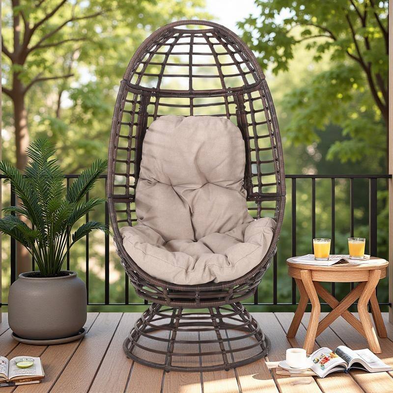 Rattan Swivel Outdoor Stand Only Chair with Beige Cushion and Water-Resistant Fabric - Black