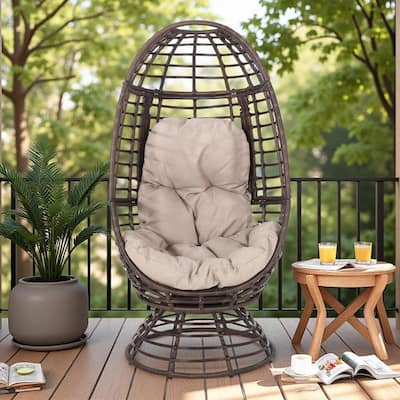 Rattan Swivel Outdoor Stand Only Chair with Beige Cushion and Water-Resistant Fabric
