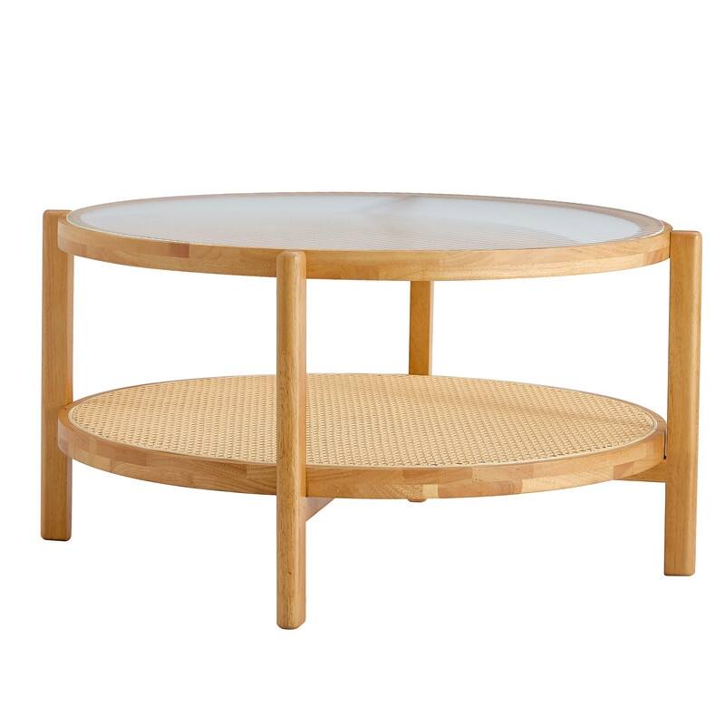 Modern simple circular double-layer solid wood tea table rattan woven Chinese side table small round table suitable