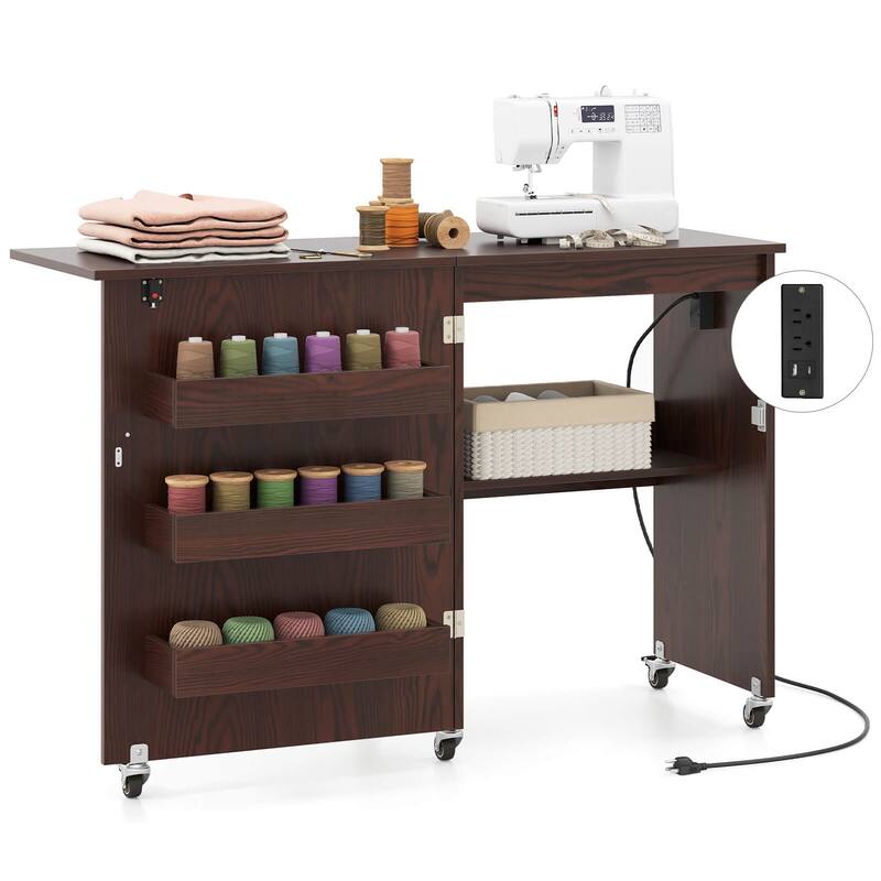 Costway Folding Sewing Machine Table Lockable Casters Rack with 3 - See Details