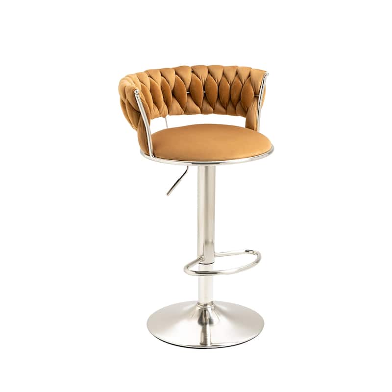 Velvet Swivel Adjustable Height Bar Stools With Sliver Footrest(set of 2)