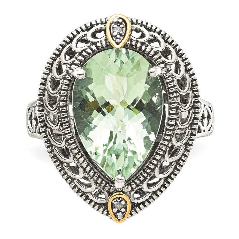 Curata 925 Sterling Silver Polished Prong set Open back With 14k Diamond and Green Quartz Ring