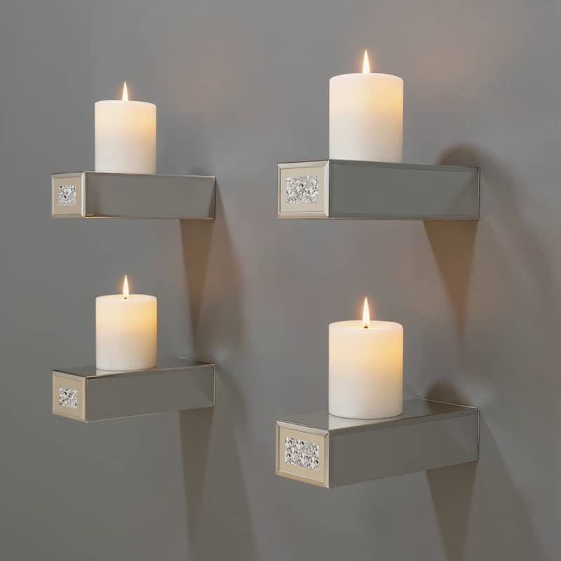 HomeRoots Set Of Four Silver Mirrored Glass And Faux Crystal Wall Mounted Floating Shelves - 1.97 in. x 2.95 in. x 7.87 in. - Silver - 1.97 in. x 2.95 in.  x 7.87 in.