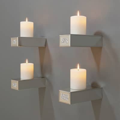 HomeRoots Set Of Four Silver Mirrored Glass And Faux Crystal Wall Mounted Floating Shelves - 1.97 in. x 2.95 in. x 7.87 in.