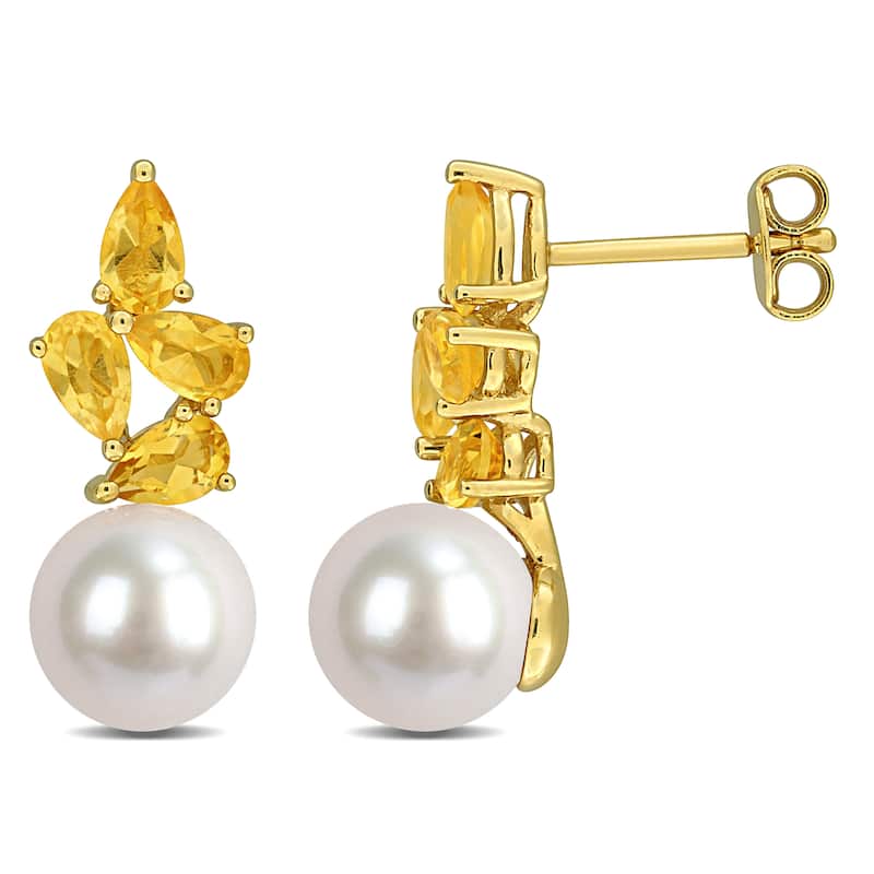Miadora Cultured Freshwater Pearl and Gemstone Cluster Drop Earrings Sterling Silver - Yellow