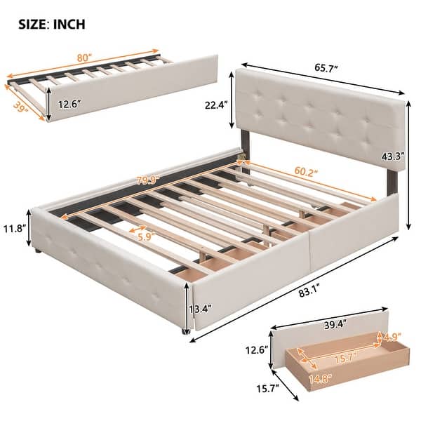 dimension image slide 1 of 3, Queen Size Bed with 2 Storage Drawers and a Twin XL Trundle, Upholstered Platform Queen Bed Frame with Tufted Headboard