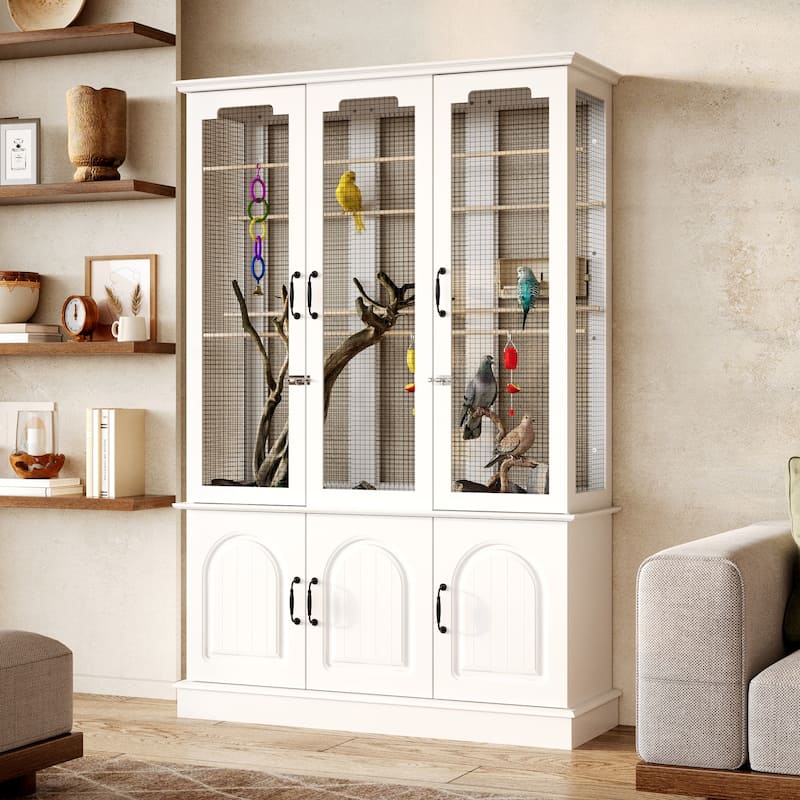 Indoor Bird Cage Cabinet with Storage Base, White Wooden Aviary with DIY Wire Mesh & Food Organizer