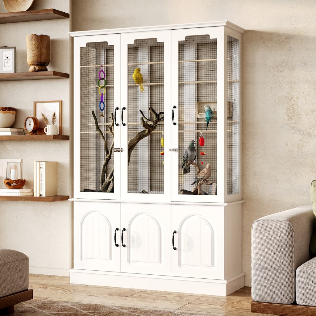 Indoor Bird Cage Cabinet with Storage Base, White Wooden Aviary with DIY Wire Mesh & Food Organizer