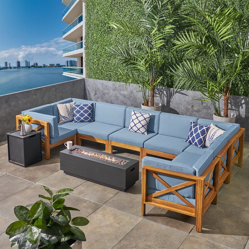 Thasos Outdoor Farmhouse Acacia Wood 8 Seater U-Shaped Sectional Sofa Set with Fire Pit by Christopher Knight Home - teak finish  + dark gray + blue cushion