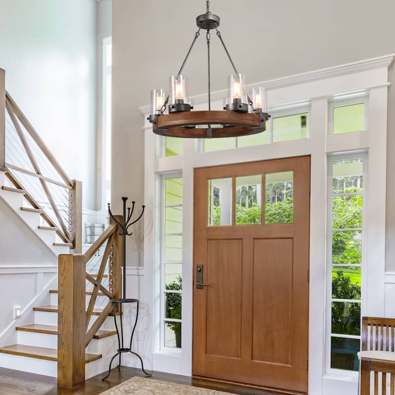 Carbon Loft Farmhouse 6-Light Wagon Wheel Wood Chandelier for Dining Room