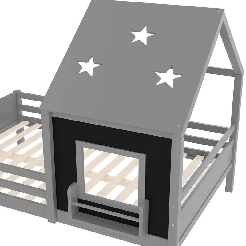 Roomfitters House Floor Bed with Bookcase and Blackboard, Solid Wood Frame with Low Stairs