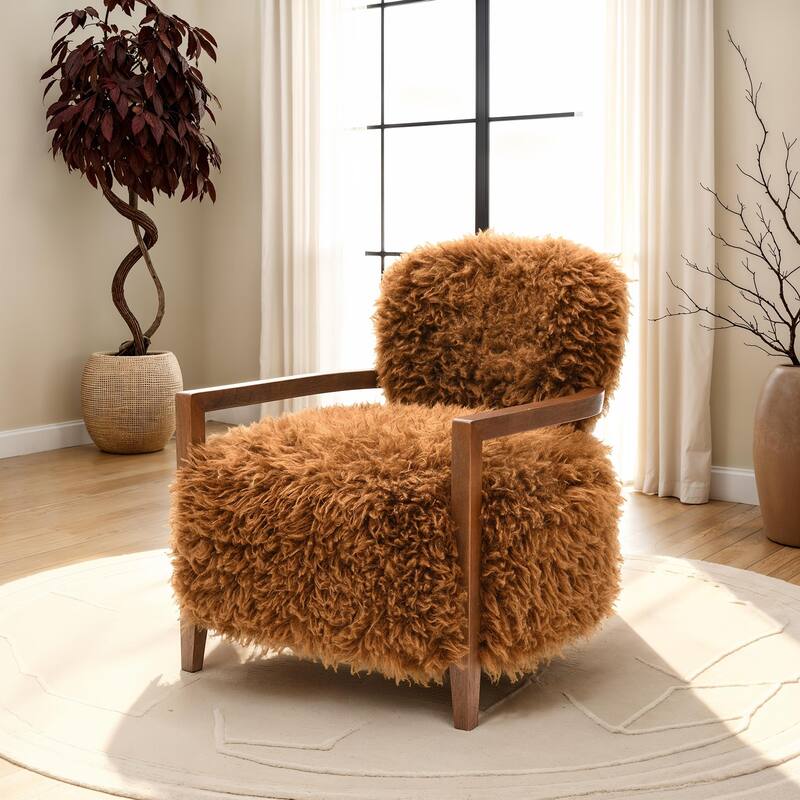 1pc Accent Chair Raked Wooden Arms Tight Back And Seat Soft Faux Fur Contemporary Living Room Furniture