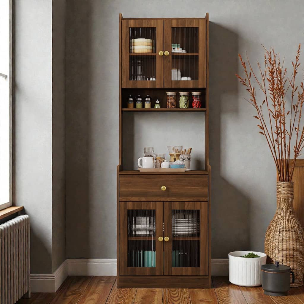 Farmhouse Kitchen Pantry Hutch with Microwave Stand, Freestanding Buffet Sideboard & Coffee Bar Cabinet with Storage