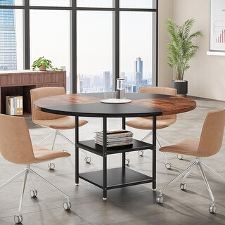 47-Inch Round Wood Conference Table with Storage Shelf Office Training ...