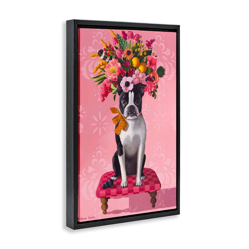 Stupell Bulldog & Pink Bouquet Framed Floater Canvas Wall Art Design By Heather Gauthier