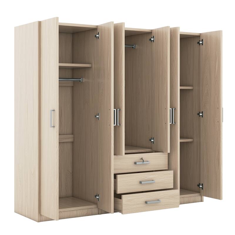 Modern Clean 6-Doors Wardrobe Wooden Armoires with 3 Storage Drawers and Built-In Hanging Rod Design