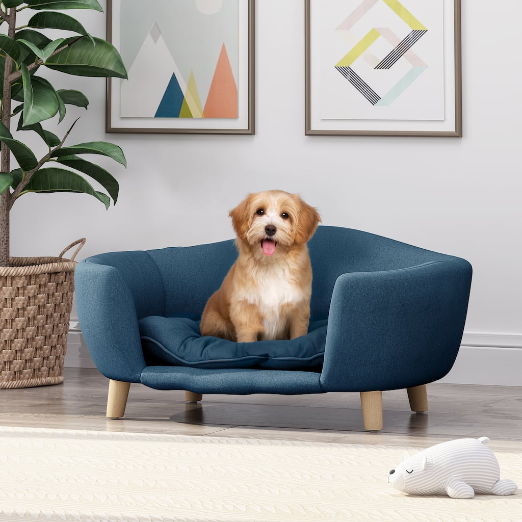 Anmytek Scandinavian Style Elevated Dog Bed Pet Sofa with Solid Wood Legs Dark Blue Velvet Small