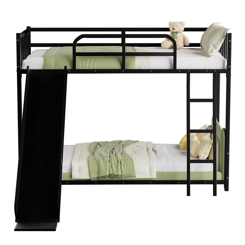 Metal Bunk Bed with Ladder, Slide, and Safety Guard Rails