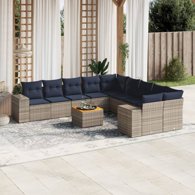 vidaXL 11 Piece Patio Sofa Set with Cushions Gray Poly Rattan - 122x33.5x113.8