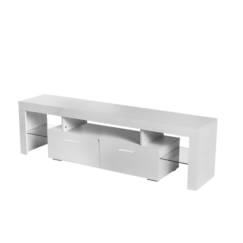 GDF Studio - Modern White Particle Board TV Stand with LED Lights and Toughened Glass Shelf