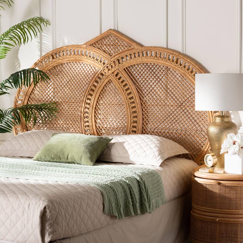 Nerita Rattan Headboard - Handwoven Wicker with Double Circle Design, Light Honey, Lightweight Coastal Bedroom Décor, Queen Size