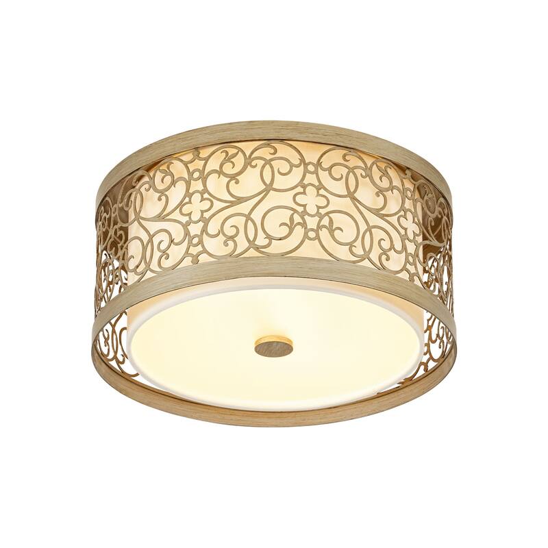 2-Light Mid-Century Modern Unqiue Handcrafted Sunset Gold Flush Mount Light with White Fabric Shade for Living Room & Bedroom