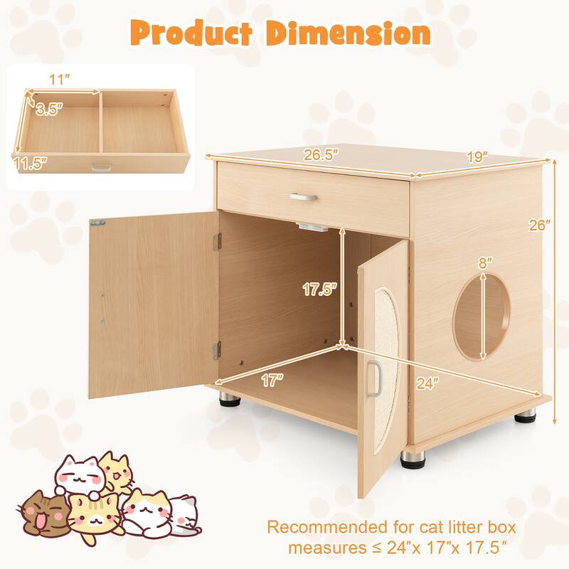 Gymax Cat Litter Box Enclosure w/ Sisal Scratching Doors Storage