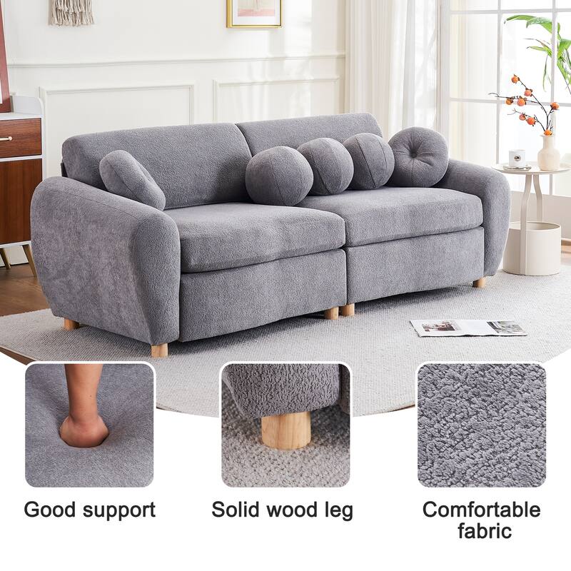 2-seater Loveseat Couch with 5 Toss Pillows and Solid Wood Legs, Chenille Upholstered Sectional Sofa, Easy Assembly,White