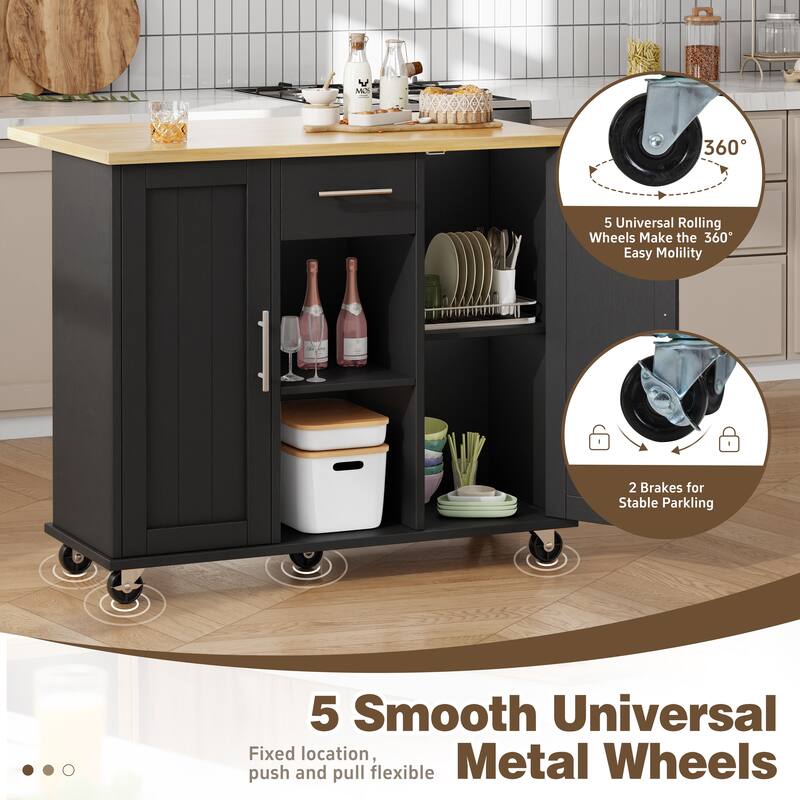 Rolling Kitchen Island Cart with Open Shelf & Drop Countertop - N/A