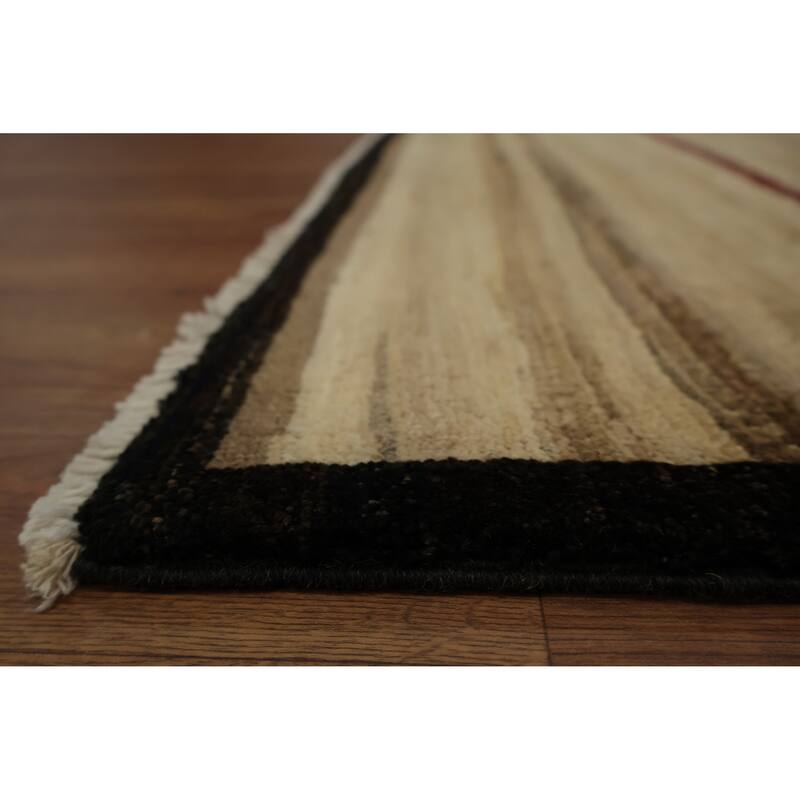 Hand Knotted Oriental 100% Wool Carpet Modern Stripe Beige & Ivories Gabbeh Area Rug - 9' 7'' X 6' 6''