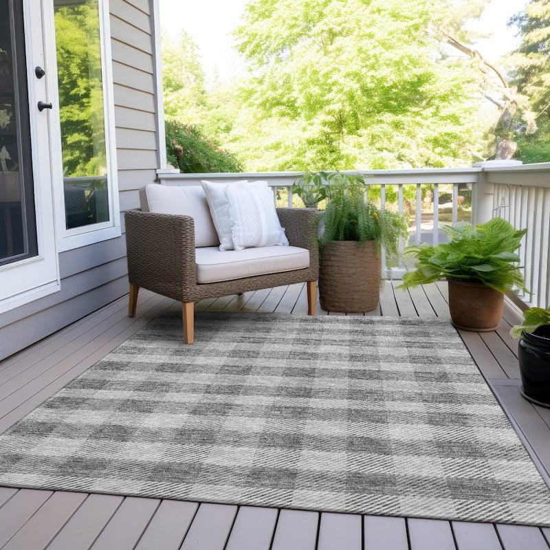 Machine Washable Indoor/ Outdoor Chantille Plaid Stripe Rug - Gray - 3' x 5'