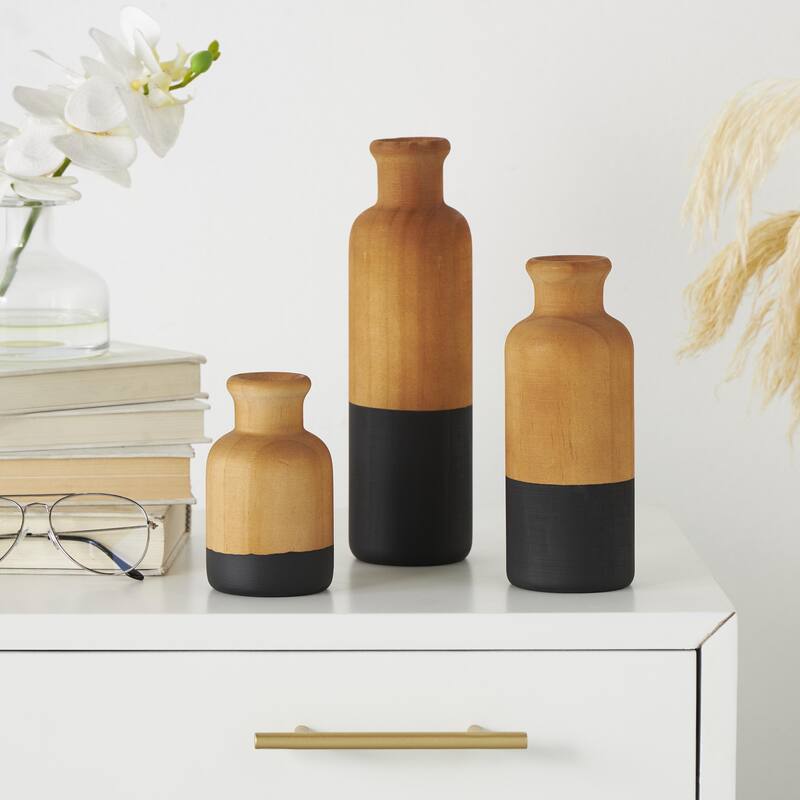 Wood Colorblock Decorative Vase with White or Black Bases - Set of 3 Brown - Roche River Decor