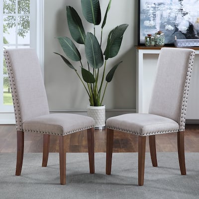 Linen Soft Upholstered Dining Chairs Set of 2 Fabric Dining Chairs with Copper Nails & Curved Back