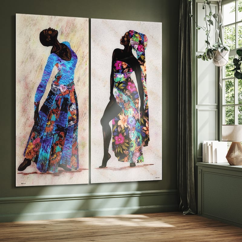 "Her Beauty I & II" Oversized 72"x 36" Frameless Free-Floating Reverse Printed Tempered Art Glass Panels Set