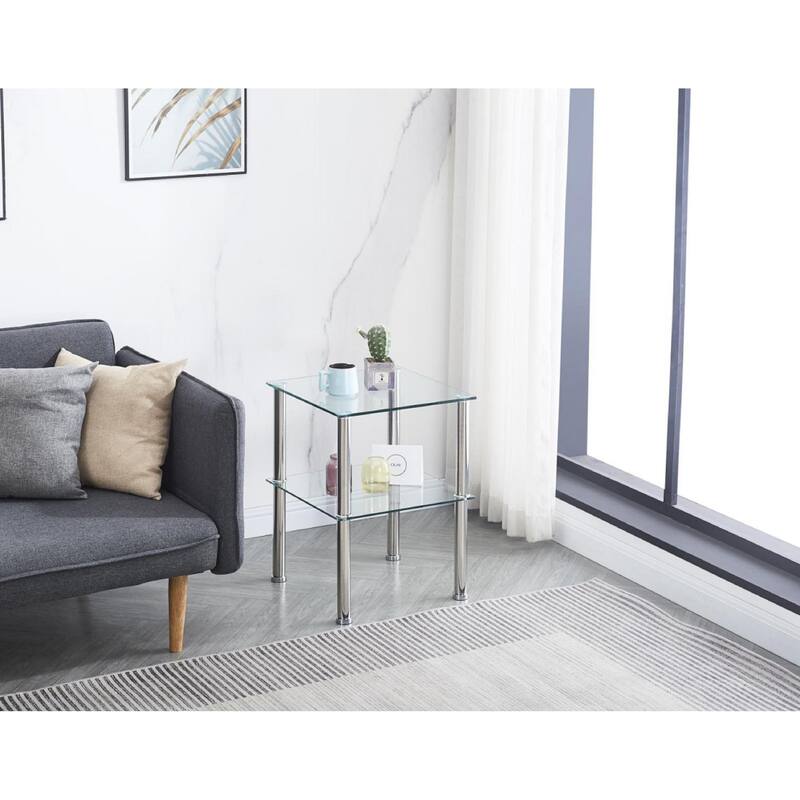 2-Piece Modern Clear Side Table/End Table with 2-Tier Shelves