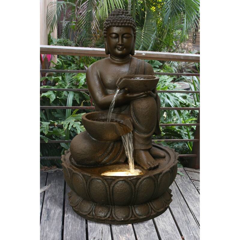 32.25" LED Lighted Large Buddha Outdoor Garden Water Fountain - Bronze