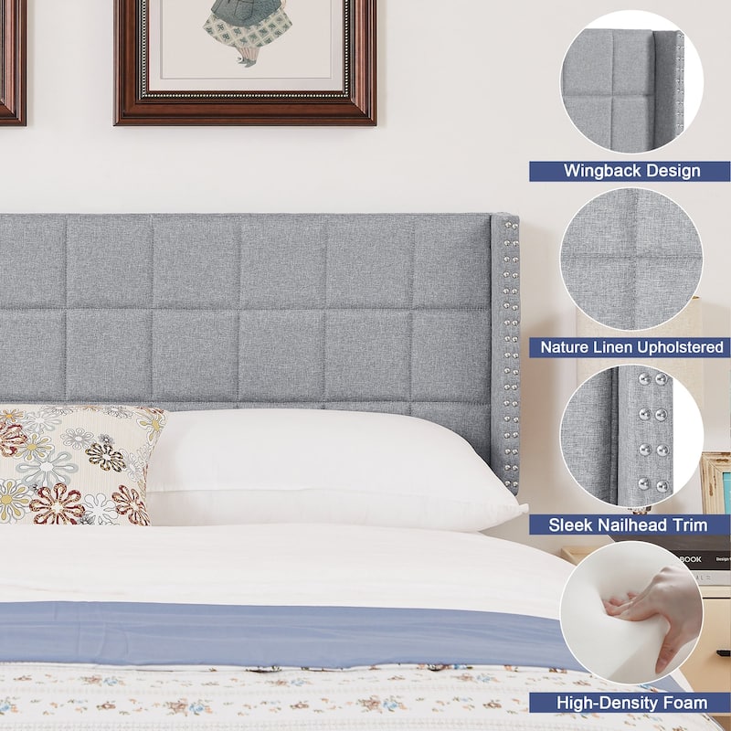 Javlergo Queen/King Size Adjustable Upholstered Headboard, Modern Wingback Headboard with Double Nailhead Trimming